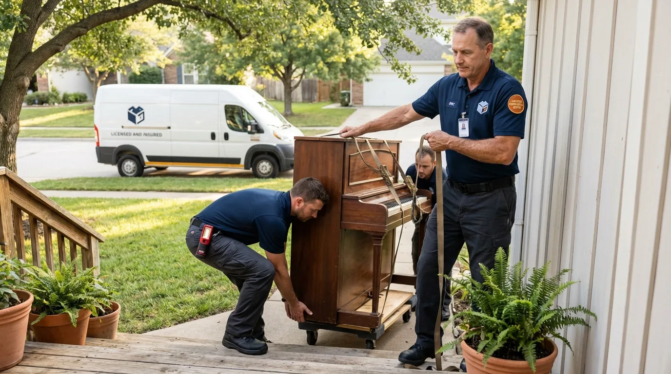 Licensed piano movers securing grand piano in New Egypt, NJ
