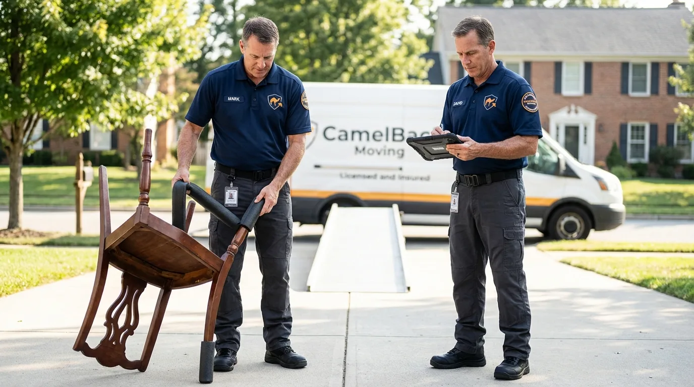 Movers inspecting furniture for damage prevention before loading in New Egypt, NJ