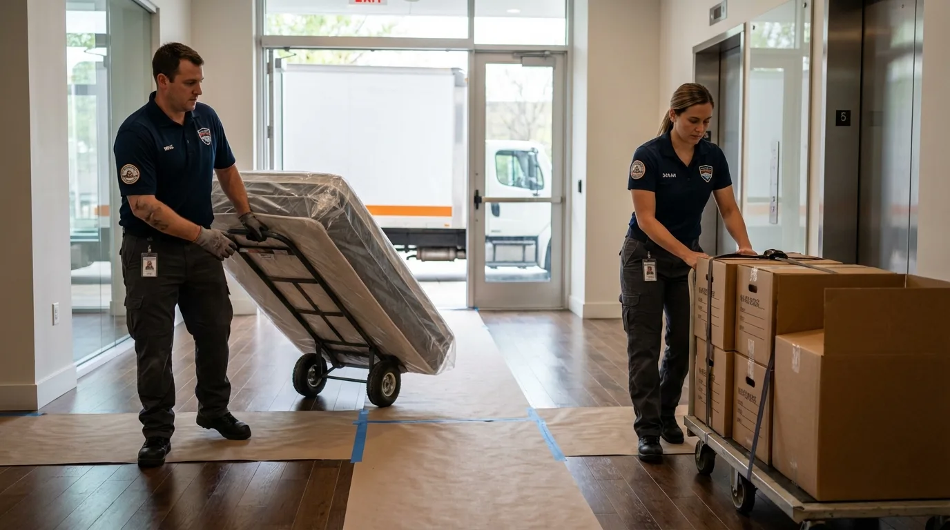 Professional apartment movers loading elevator in New Egypt, NJ