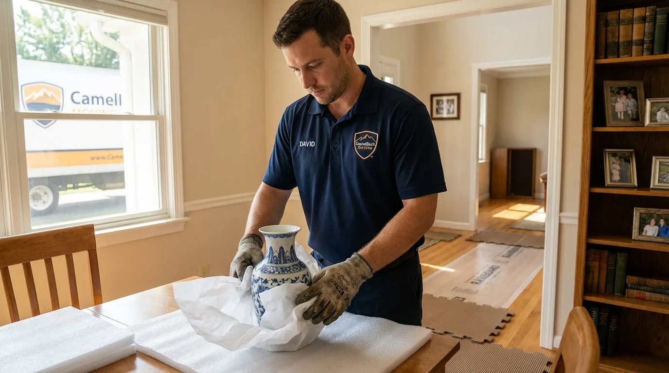 Professional crew carefully wrapping antique vase for senior downsizing move in New Egypt, NJ